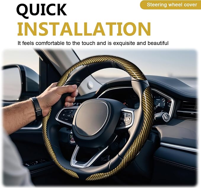 3pcs Universal Carbon Fiber Steering Wheel Cover - Anti-Slip & Segmented Design, Universal 99% Durable Steering Wheel Protector for Men and Women, Car Interior Accessory (Yellow) - Image 5