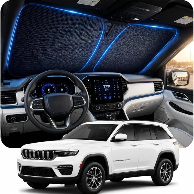 [2026 Upgraded] DooGooCoo Windshield Sun Shade for Jeep Grand Cherokee 2011-2025 2026 [Cooling Ice-Crystal, 100% Sun Block ] Sunshade for Car Windshield Grand Cherokee Sun Shade, Custom Fit Jeep. by DooGooCoo