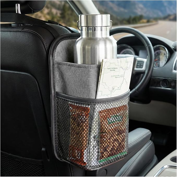 2 in 1 Large Car Cup Holder, 80 oz Multi-Function Auto Water Bottle Storage Bag with Mesh Pocket, Universal Hanging Seat Side Organizer Cup Holders for Car SUV Truck (Gray) by Pxobiug