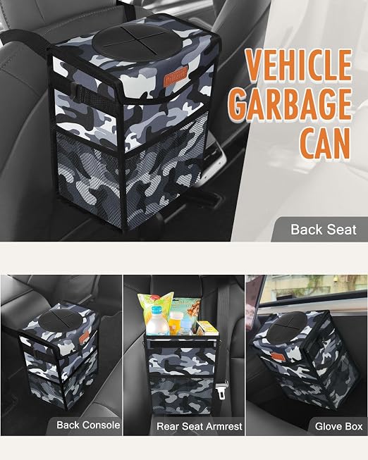 Pritent Car Trash Can with Lid Leakproof Car Garbage Bag Vehicle Trash Bin | Hanging Automotive Garbage Can,Multipurpose Car Accessories for Women Men Interior Car Storage Organizer(2 Gal,Camo Grey) - Image 6