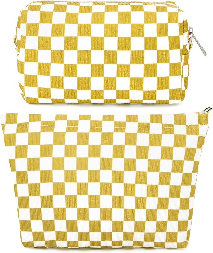 SOIDRAM 2 Pcs Checkered Makeup Bag Large Cosmetic Bag Toiletry Bag Makeup Pouch Travel Bag Organizer Cute Makeup Brushes Aesthetic Accessories Storage Bag for Women Golden Yellow by SOIDRAM