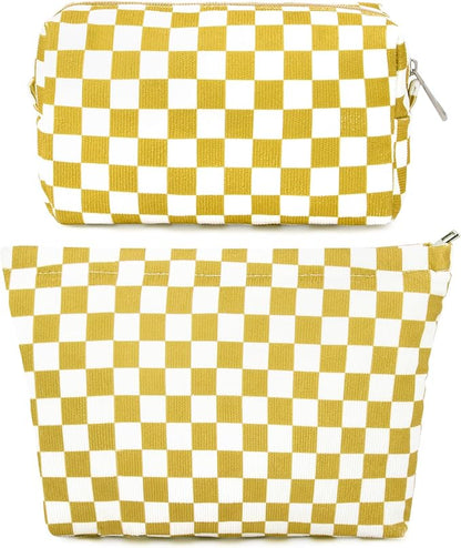 SOIDRAM 2 Pcs Checkered Makeup Bag Large Cosmetic Bag Toiletry Bag Makeup Pouch Travel Bag Organizer Cute Makeup Brushes Aesthetic Accessories Storage Bag for Women Golden Yellow by SOIDRAM