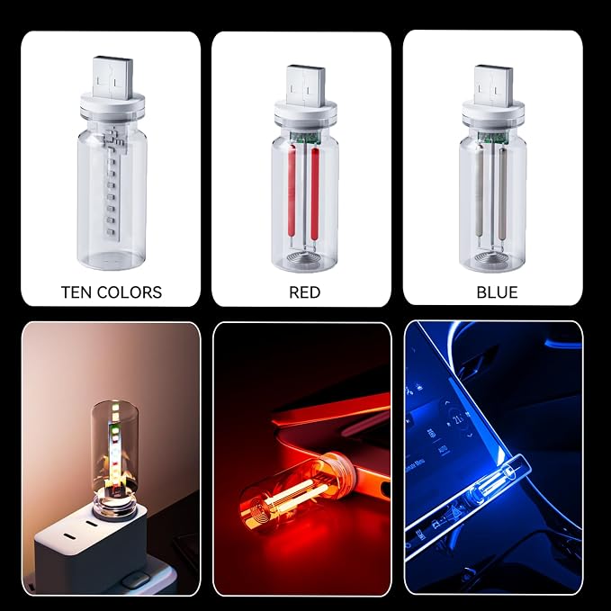 4 PCS USB Night Light Bulb,Touch Dimmable Retro Car Interior Ambient Light | Portable Glass Bottle Design Chubby Glow LED Light for Car, Truck, Bedroom, 2 RGB and 1 Red 1 Blue Lighting - Image 4