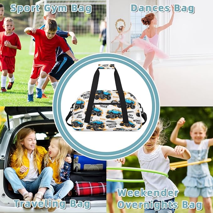 Gym Travel Duffle Bag for Boys - Blue Monster Car Trucks Kids Overnighter Weekend Bag with Front Zipper Pocket for School Practice, Teens Carry-On Size Sleepover Bags - Image 6