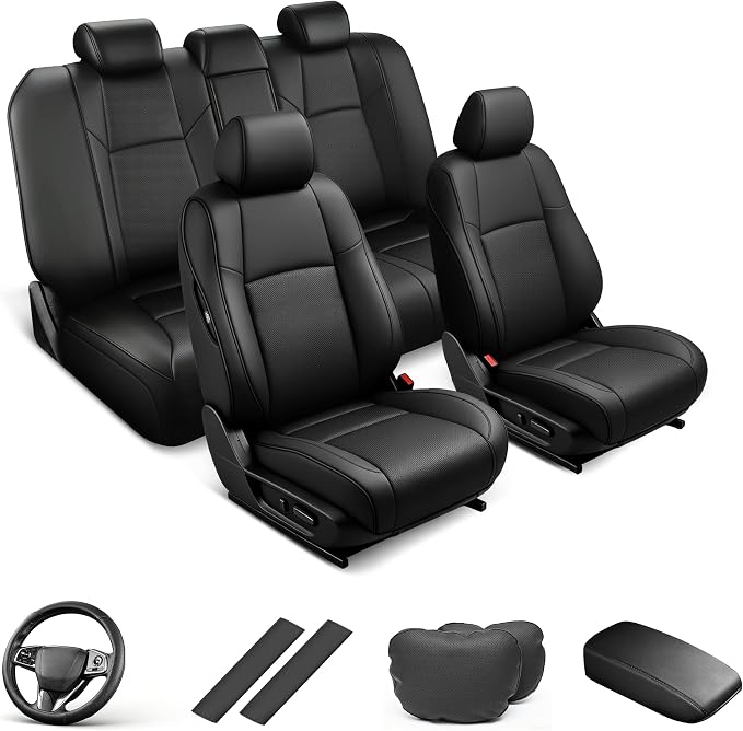 AOMSAZTO Custom Fit Seat Covers for Honda Accord 2018-2022 Front&Rear Set | 5-Piece Set, Includes Neck Pillows, Armrest Cover, Steering Wheel Cover & Seat Belt Covers Faux Leather Black(Not for LX) by AOMSAZTO