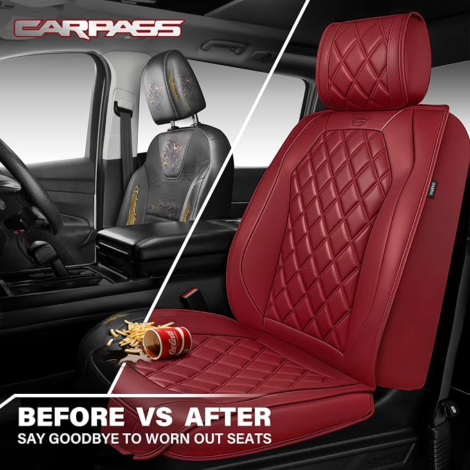 CAR PASS Burgundy Red Luxury Nappa Leather Seat Covers Front, 2 piece | 3D Rhombus Waterproof Leather Front Seat Covers, Universal Automotive Seat Cushion Fit for Sedan SUV Truck, Airbag Compatible - Image 6