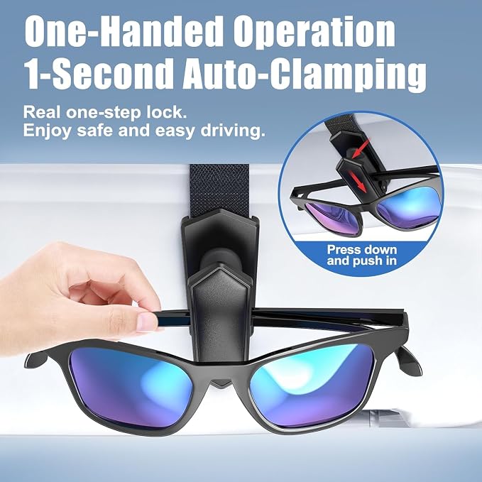 Veharvim Sunglass Holder for Car (One-Handed-Operation, Gentle & Secure Hold, Silicone Padded, Universal Fit, Metal Clip) Visor Sunglass Holder Clip,Visor Sunglass(Black, 1 Pack) - Image 2