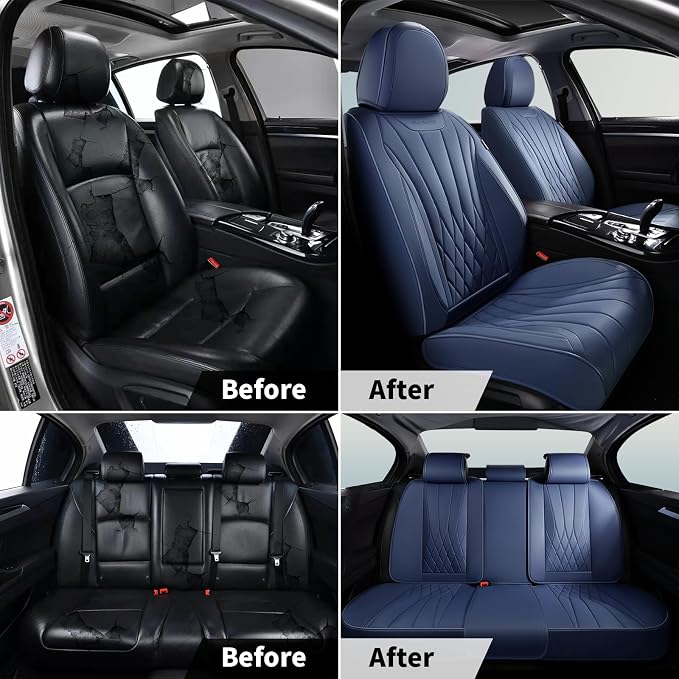 FLORICH Leather Car Seat Covers Full Set, Luxury Automotive Seat Cover, Waterproof Car Seat Covers Front and Back Seats for Most Cars - Blue - Image 8