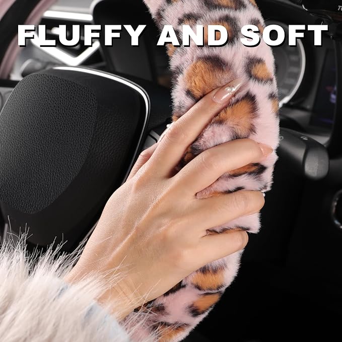 SEG Direct Fluffy Furry Steering Wheel Cover Fuzzy Gear Shift Pink Leopard | 2 PCS Set, Soft and Warm, Cute Fur Auto Car Decor, Standard Size 14.5- 15 inch for Women Men - Image 3