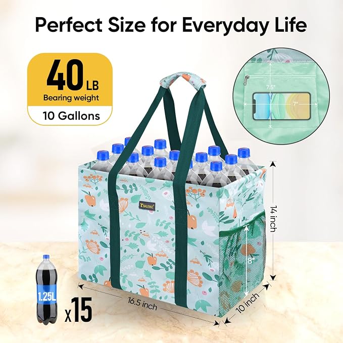 BALEINE Extra Large Utility Tote Bag with Reinforced Wire Frame, Reusable Grocery Bag for Shopping, Picnic (Spring Stroll, 16.5''x14''x10'') - Image 2