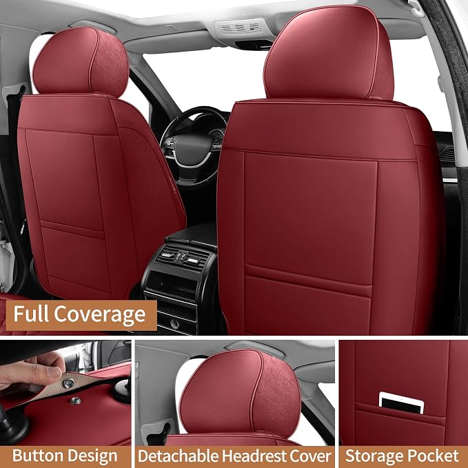 Leather Car Seat Covers Full Set Automotive Seat Protectors | Breathable Waterproof Durable Full Surround & Lumbar Support Design Non-Slip Universal Fit for Most Cars SUVs Trucks Vans Red - Image 5