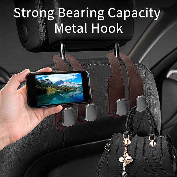 Car Purse Hook, Car Seat Headrest Hooks, Brown Leather 2 Pack | Car Purse Holder Hooks, Universal Car Hangers Seat Back Organizer Storage, Double Metal Hooks for Grocery Purses and Bags - Image 3