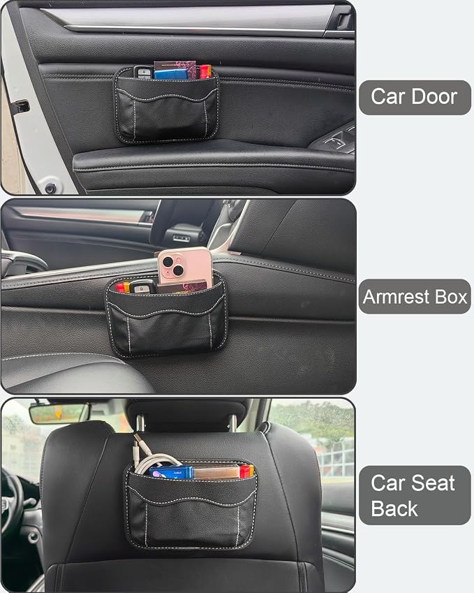 Small Car Seat Side Pocket Organizer, Reusable Adhesive Car Storage Bag | Universal vehicle door & console pouch for phones keys Cards sunglass etc, Suitable for all vehicles, PU Leather, Black - Image 4