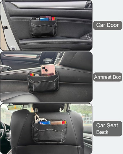 Small Car Seat Side Pocket Organizer, Reusable Adhesive Car Storage Bag | Universal vehicle door & console pouch for phones keys Cards sunglass etc, Suitable for all vehicles, PU Leather, Black - Image 4