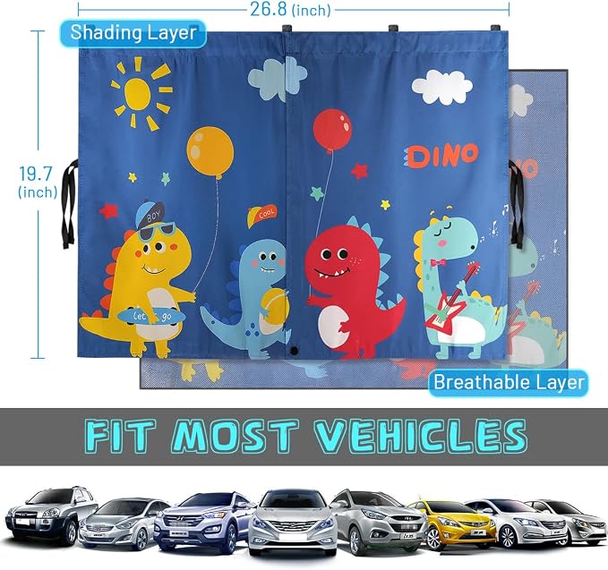DIZA100 Car Window Shades, 2 PCS Magnetic Double Layer Sun Shade, Side Windows Privacy, Full Covers/Half Shade Options, Cute Dinosaurs, Compatible with Car, SUV, Minivan - Image 6