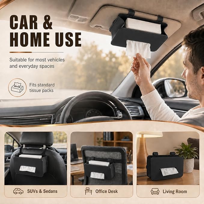 Car Tissue Holder, Leather Rectangular Car Backseat Napkin Storage Box, Multifunctional Vehicle Interior Tissues Organizer Accessories for Keep Auto Tidy (Black) - Image 6