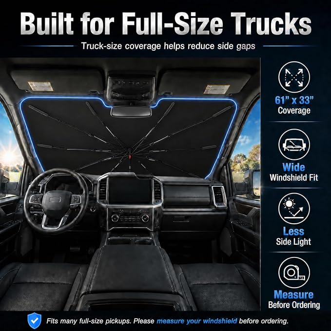 Purehorizon XL Truck Windshield Sun Shade Umbrella, F-150 Ram Tundra | 61 x 33 in XL shade for listed full-size pickups, with 10-rib frame and bendable handle for wide truck glass - Image 7