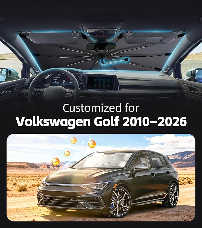 Windshield Sun Shade for Volkswagen Golf 2010-2026 with 360°Rotating Shaft | Custom Fit Umbrella Sunshade for UV Blocking, Interior Heat Protection, Easy Storage, UPF 50+ Cool Windshield Cover - Image 2