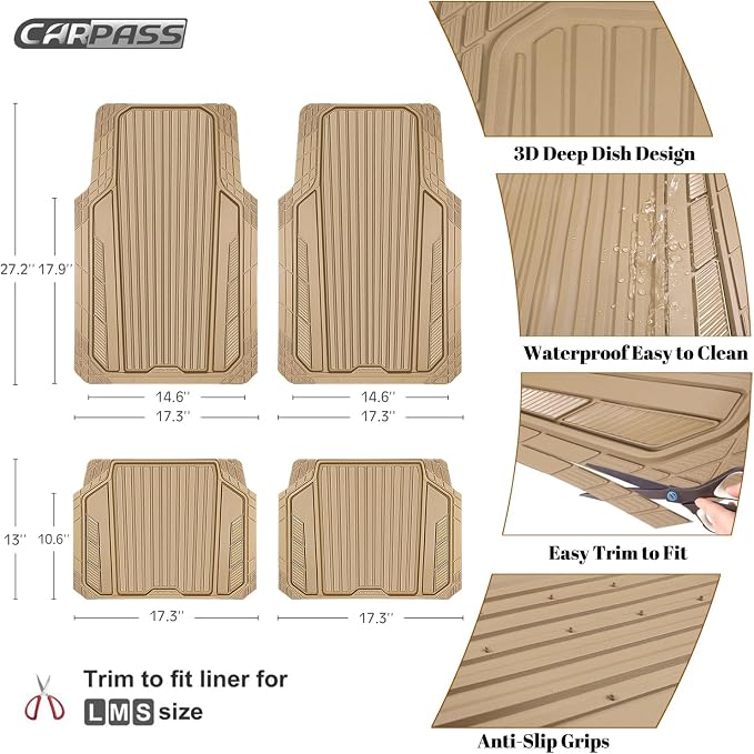 CAR PASS Heavy Duty Sporty Rubber Car Mats, Deep Dish All Weather Car Floor Mats Full Set, Waterproof Anti-Slip Automotive Matts Rugs Trim to Fit for Most Sedans SUVs, 4-Piece All Beige - Image 4