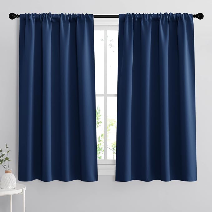 RYB HOME Small Window Curtains 45 inches Length for Kitchen Cafe Bathroom | Room Darkening Curtains & Drapes, Energy Saving, Thermal Insulated, For Kids Bedroom, W42 x L45, Navy Blue, 2 Panels by RYBHOME