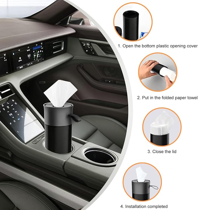 Car Tissues Cylinder, Cup Holder Car Tissue Box with Handle, Detachable Easy Cleaning Tissue Holder with 1 Pack Tissues, Black Grey - Image 3