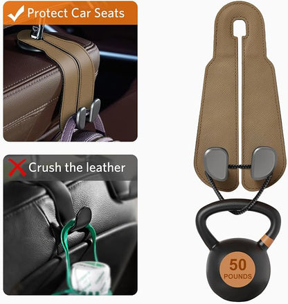 CoBak Purse Hook for Car - Universal Premium Stitched Leather and Aluminum-Magnesium Alloy Double Car Seat Back Storage Hook for Purses, Handbags, Bags (2 Pack),Khaki Beige - Image 5