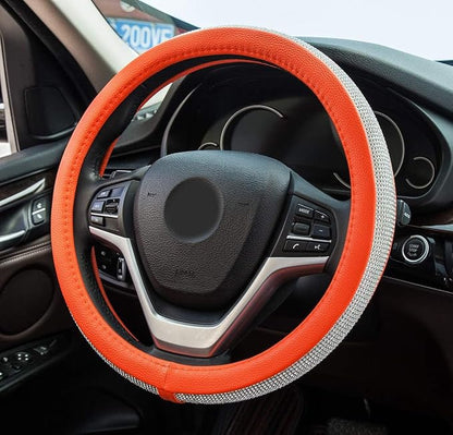 New Diamond Leather Steering Wheel Cover with Bling Crystal Rhinestones | Universal Fit 15 Inch Car Wheel Protector for Women Girls Orange - Image 3