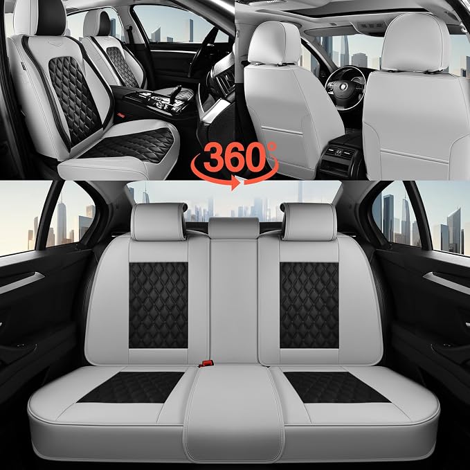 Coverado Universal Car Seat Covers Full Set, Luxury Stain-Resistant Waterproof Faux Leather Front & Rear Seat Protectors, Elegant Easy-Clean Automotive Interior – WhiteBlack - Image 9