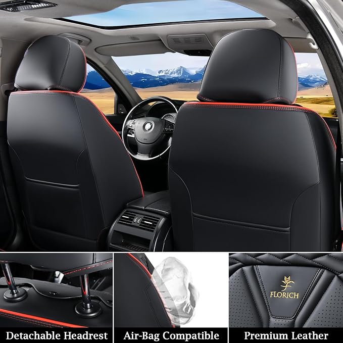 Leather Seat Covers, Seat Covers Full Set, Car Seat Protectors 5 Seats, Automotive Seat Covers Fit for Most Cars Trucks SUV-Black&Red Line - Image 4