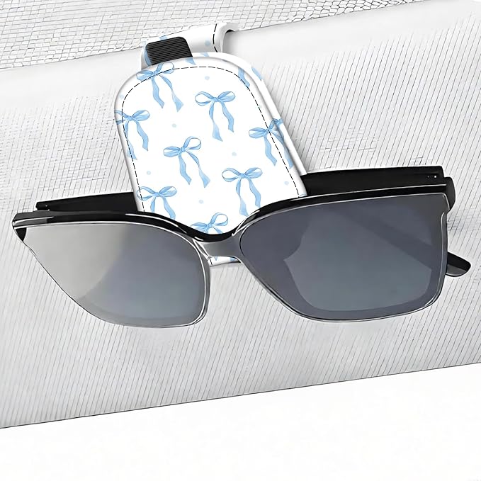 Leather Magnetic Sunglass Holder for Car Sun Visor, Cute Eyeglass Ticket Card Hanger Clip, Universal Auto Interior Accessories for SUV Pickup Truck, Blue Bow by Unknown