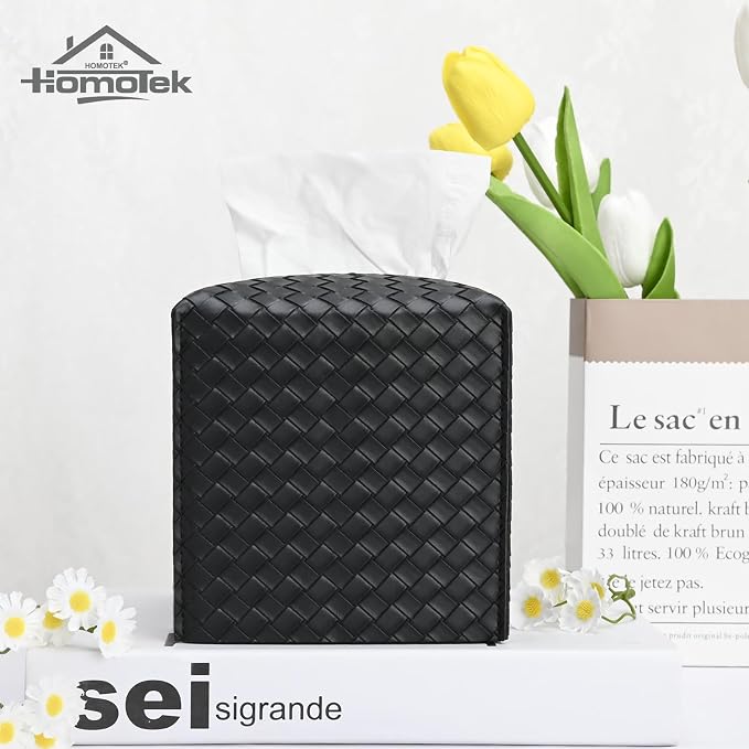 HOMOTEK 2 Pack Tissue Box Cover, Square PU Leather Tissue Holder, Decorative Facial Tissue Cube Paper Organizer Dispenser for Bathroom, Night Stands, Desk, Car 5X5X5'' - Woven Waffle,Dark Black - Image 4