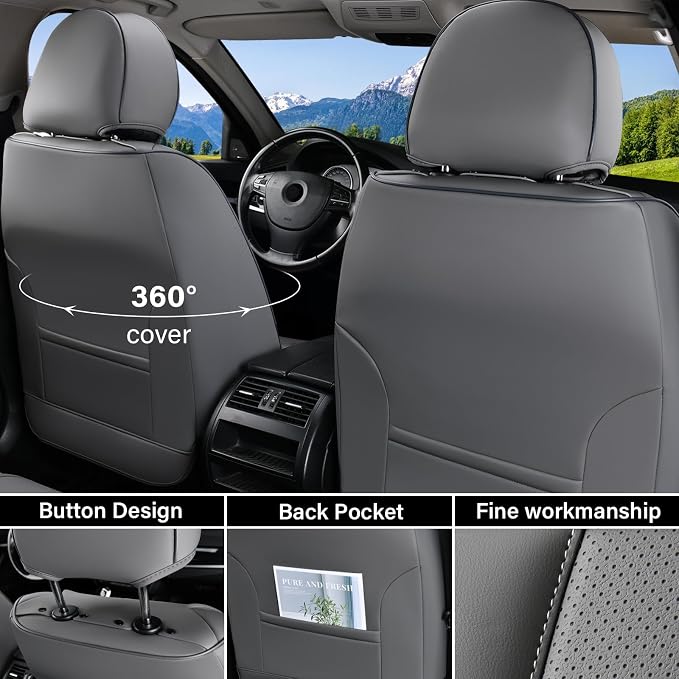 Coverado Car Seat Covers Full Set, Seat Covers for Cars, Gray Car Seat Protector Waterproof, Nappa Leather Car Seat Cushion, Car Seat Covers Front Seats and Back Fit for Most Cars - Image 4