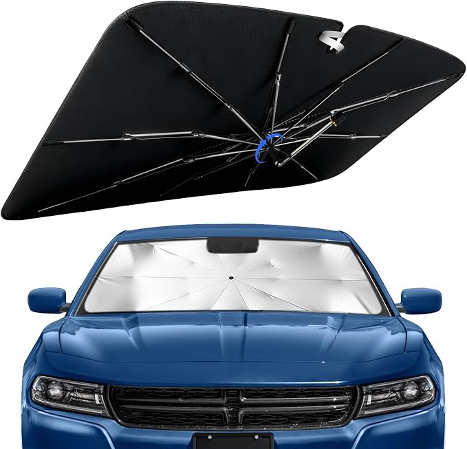 Windshield Sun Shade for Dodge Charger 2011-2024 with 360° Rotating Shaft | Custom Fit Umbrella Sunshade for UV Blocking, Interior Heat Protection, Easy Storage, UPF 50+ Cool Windshield Cover by Lonyaqui