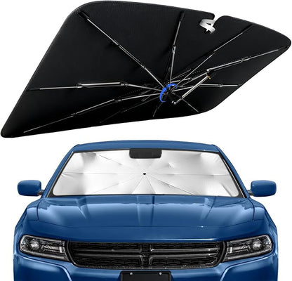 Windshield Sun Shade for Dodge Charger 2011-2024 with 360° Rotating Shaft | Custom Fit Umbrella Sunshade for UV Blocking, Interior Heat Protection, Easy Storage, UPF 50+ Cool Windshield Cover by Lonyaqui