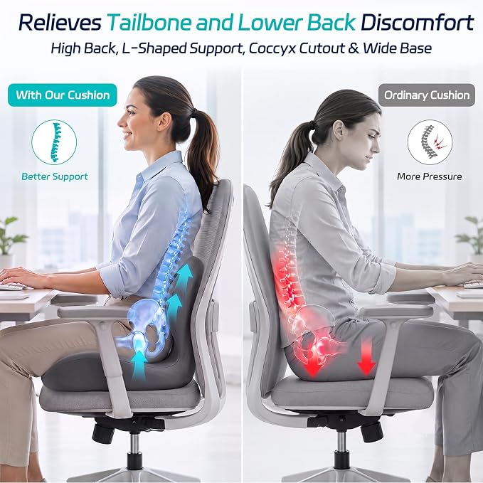 Seat Cushion & Back Support for Tailbone and Lower Back Relief | Higher Back for Stable Lower-Back Support / Dual-Sided Grip Keeps It in Place / Support Without Sinking / Durable / Washable - Image 2