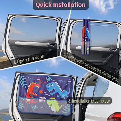 DIZA100 Car Window Shade for Baby, 2 Pack Car Sun Shades with Storage Net Pocket Auto Window Curtain 7 Suction Cups Blue Dinosaurs for Sun/Heat/UV Rays Protection Kids - Image 4