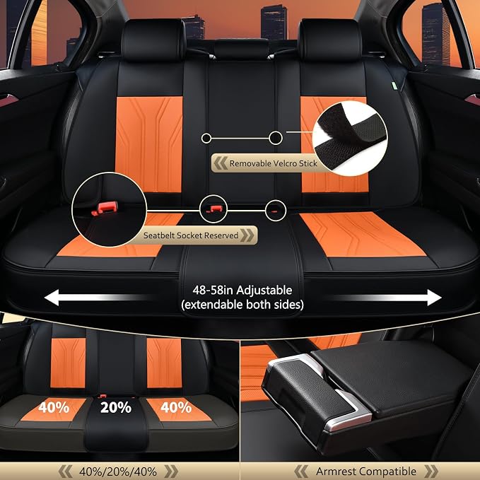 Leather Seat Covers, Car Seat Covers Full Set, Car Seat Protectors 5 Seats, Automotive Seat Covers Driver Seat Covers Fit for Most Cars Trucks SUV-Black&Orange - Image 4