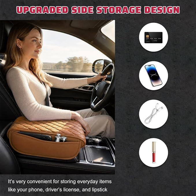 Car Center Console Cover, Memory Foam Auto Armrest Cushion Center Console Pillow Pad with Side Pockets, Anti-Scratch Leather Elbow Pillow Armrest Seat Box Protector for Most Cars (Yellow) - Image 5