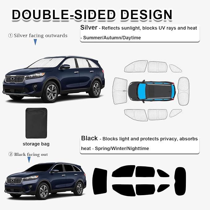 KMF 8pcs Thicken Sun Shades for Kia Sorento 2016-2020 Accessories, Custom Fit Full Car Window Covers Sunshade for Windshield Side Rear, UV Block and Blackout Privacy for Car Camping Outdoor - Image 4
