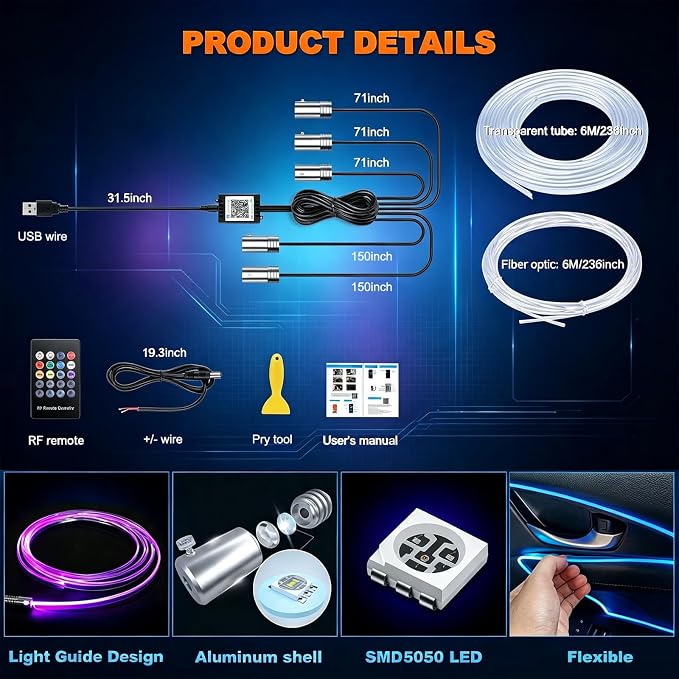 Jushope Interior Car LED Strip Lights, RGB 5 in 1 Car Ambient Lighting Kit | Wireless APP & RF Remote Control 16 Million Colors Music Sync, 236 inches Fiber Optic LED Lights for Car, USB or Hardwire - Image 5