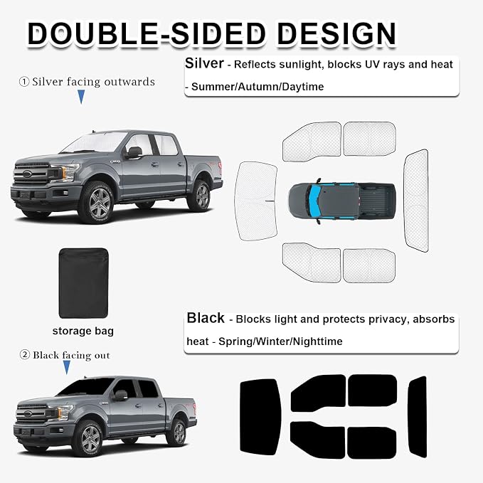 KMF 6pcs Thicken Full Window Sun Shades for Ford F-150 2015-2020 Accessories, F150 4Door Privacy Car Window Covers for Windshield Side Rear, UV Block and Blackout for Camping Outdoor - Image 5