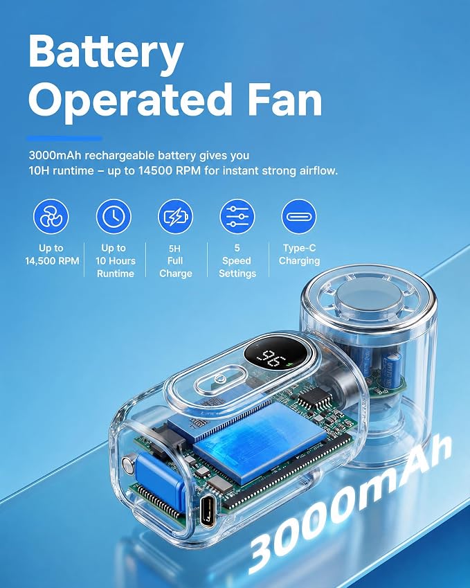 Mini Clip on Fan Handheld, 3000mAh Rechargeable Portable Fan with LED Display, 3-in-1 Personal Cooling Fan, 4 Speeds Quiet USB C Fan for Stroller Desk Travel Camping Office for Women Men Kids, Black - Image 5