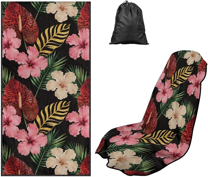 Hawaiian Hibiscus Car Seat Towel Cover After Gym with Storage Bag Sweat Auto Interior Seat Protector Tropical Hibiscus Flowers Car Interior Accessories for Swimming Yoga Running Sweat Towel by YMPUDXFI