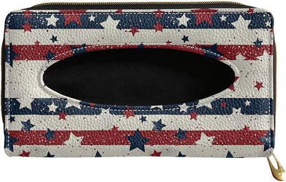Biyejit 2 Pack Car Tissue Holder, USA Star Stripe Hanging Napkin Case, PU Leather Tissue Box for Car Sun Visor, Backseat for 4th of July Car Decor by Biyejit