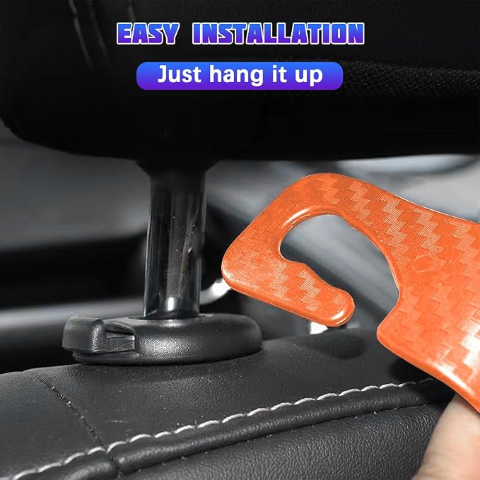 4 Pack 4.13 Inch Carbon Fiber Car Seat Headrest Hooks, Orange | plastic body, supports up to 55 lb, tool-free post fit, rotates beneath headrest when idle, interior storage accessory - Image 3