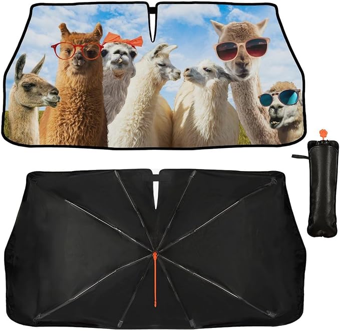 Llama Alpaca Car Windshield Sun Shade Umbrella Bendable Handle Foldable Funny Sunshade for Car Windshield Block UV Rays Keep Vehicle Cool for Most Sedans SUV Trucks Cars 57"x30" - Image 3