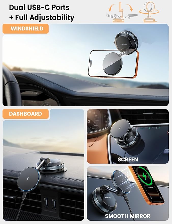 Lamicall 15W for MagSafe Car Mount Charger, 360° Wireless Car Phone Holder | Dual USB-C Ports Magnetic Phone Holder for Car, 70 LBS Vacuum Suction Phone Mount for iPhone 17 16 Pro Max Truck Jeep Black - Image 3