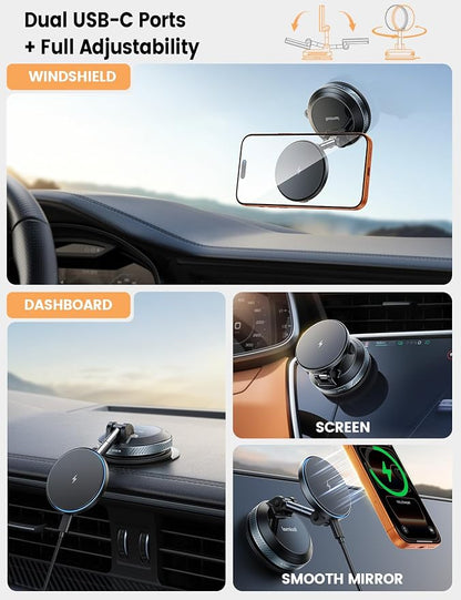 Lamicall 15W for MagSafe Car Mount Charger, 360° Wireless Car Phone Holder | Dual USB-C Ports Magnetic Phone Holder for Car, 70 LBS Vacuum Suction Phone Mount for iPhone 17 16 Pro Max Truck Jeep Black - Image 3