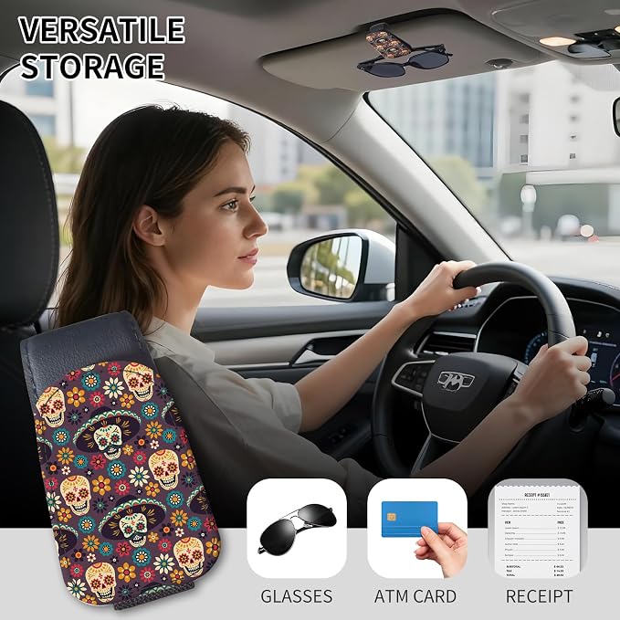 Sunglasses Holder for Car Visor, PU Leather Glasses Clip Organizer, Cute Magnetic Eyeglass Holder for Vehicle Sun Visor, Car Interior Accessory for Women & Men Sugar Skull Floral - Image 2