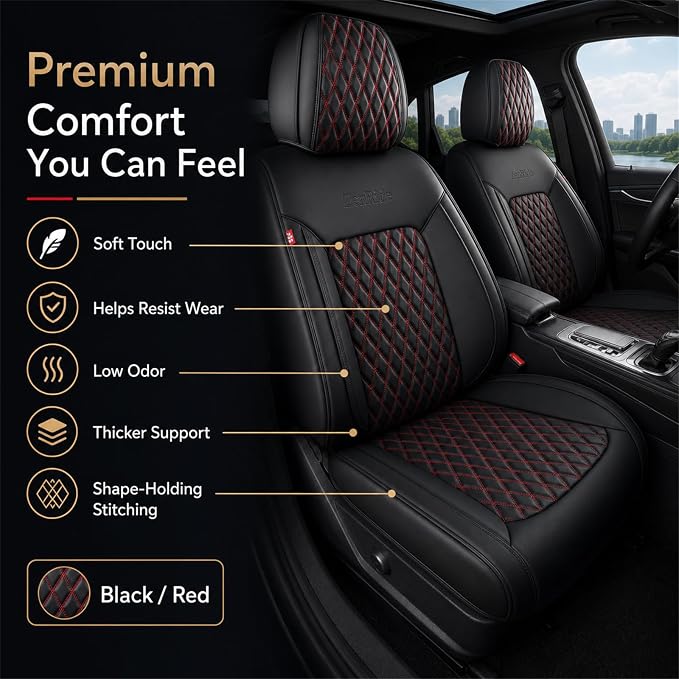 Black and Red Thick Nappa Leather Automotive Front Car Seat Covers Set of 2 | Univerasal Fit,3D Contoured,Waterproof,ThickTexture Nappa Leather,for most Suvs Trucks Sedans - Image 2